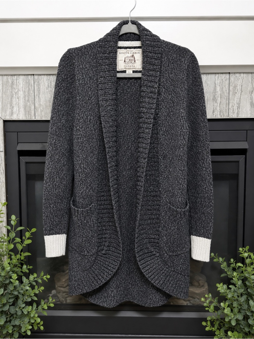 Roots Cabin Canada Charcoal Grey Shawl Collar Long Cardigan Sweater M